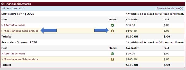 Financial Aid Screen Shot Example